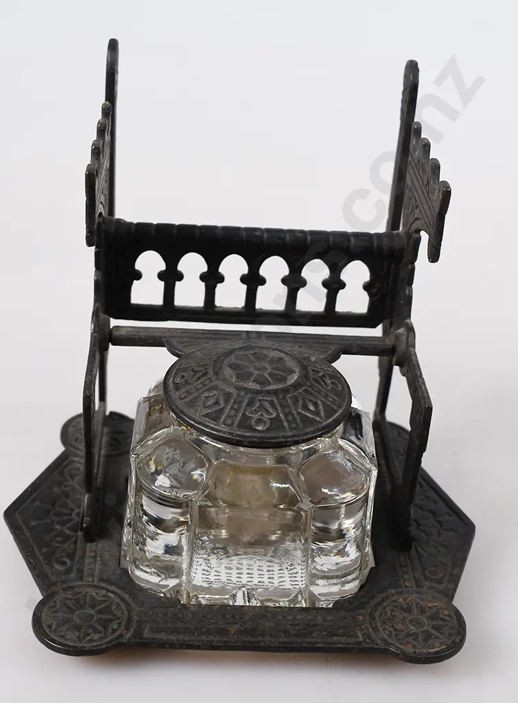 VICTORIAN EASTLAKE CAST IRON INKWELL WITH PEN STAND Image 1++