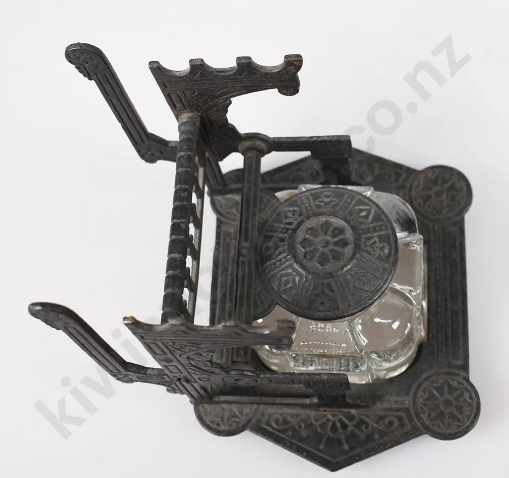 VICTORIAN EASTLAKE CAST IRON INKWELL WITH PEN STAND Image 1++