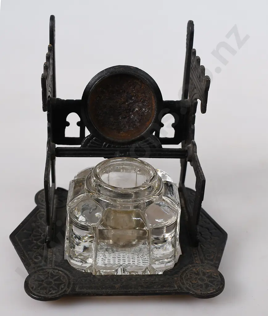 VICTORIAN EASTLAKE CAST IRON INKWELL WITH PEN STAND Image 1++