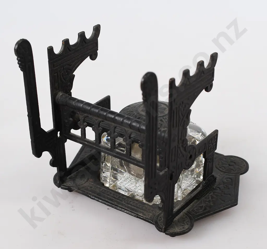 VICTORIAN EASTLAKE CAST IRON INKWELL WITH PEN STAND Image 1++
