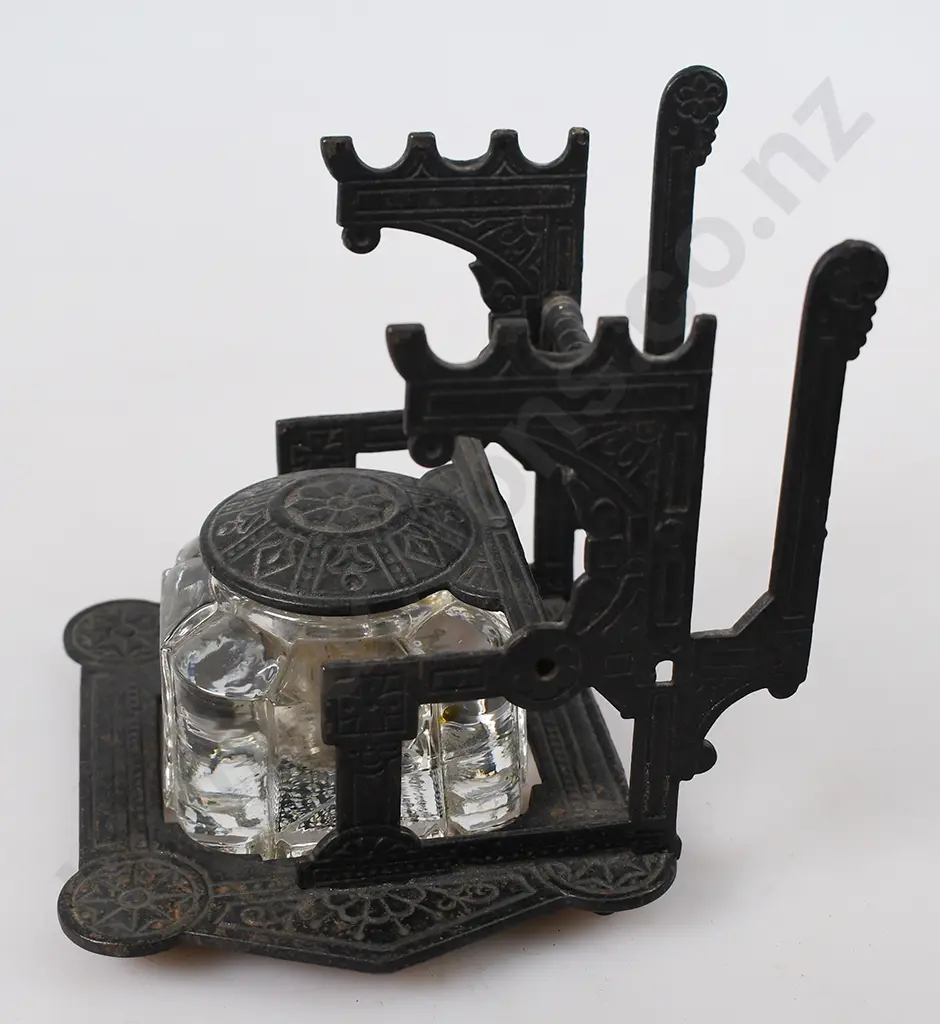 VICTORIAN EASTLAKE CAST IRON INKWELL WITH PEN STAND Image 1++