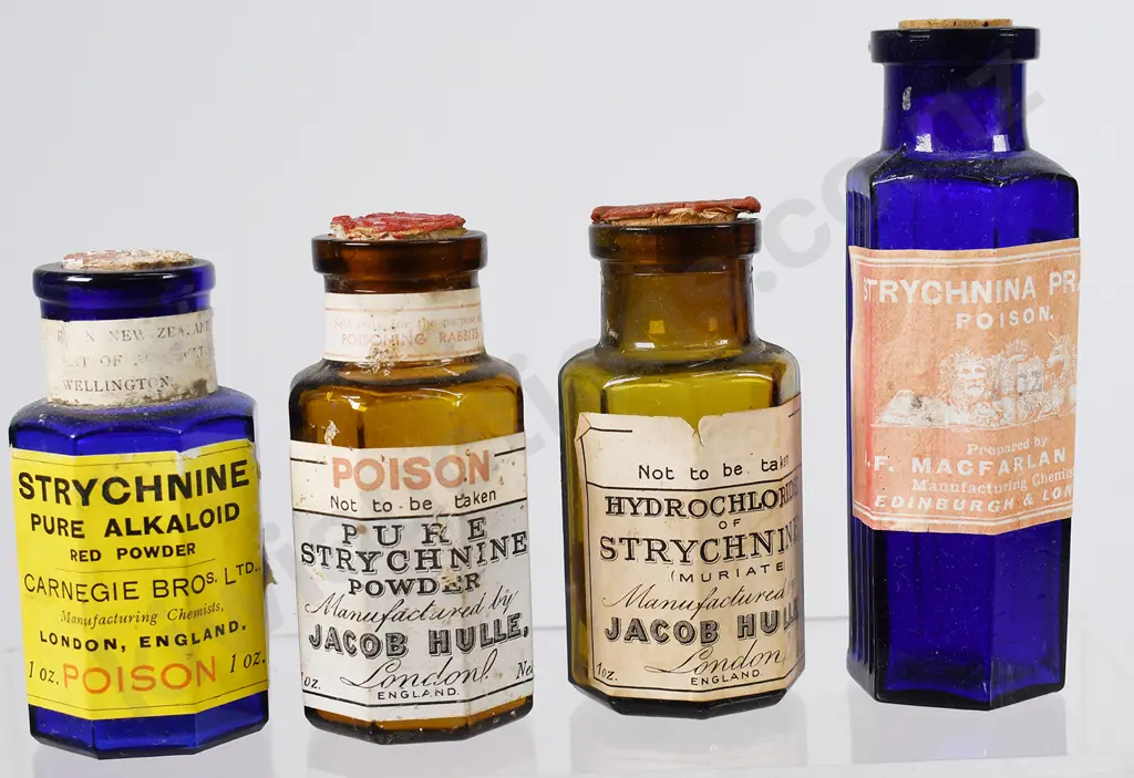 LABELLED STRYCHNINE POISONS, CARNEGIE BROS, HULLE, MACFARLAN Image 1++
