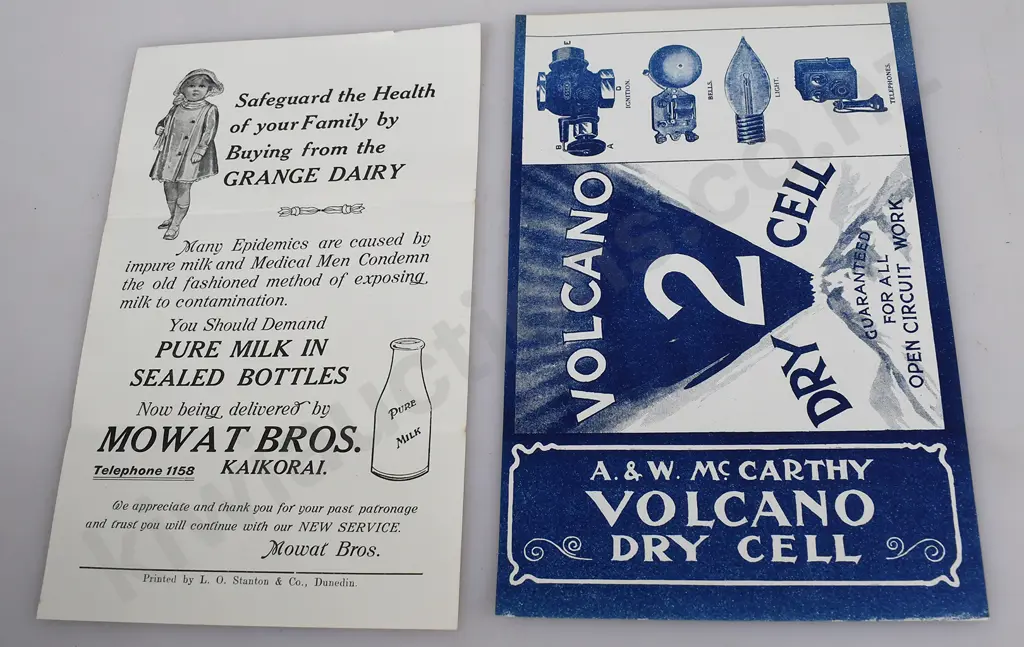 MOWAT BROS MILK, A & W MCCARTHY DRY CELL ADVERTISEMENTS Image 1++