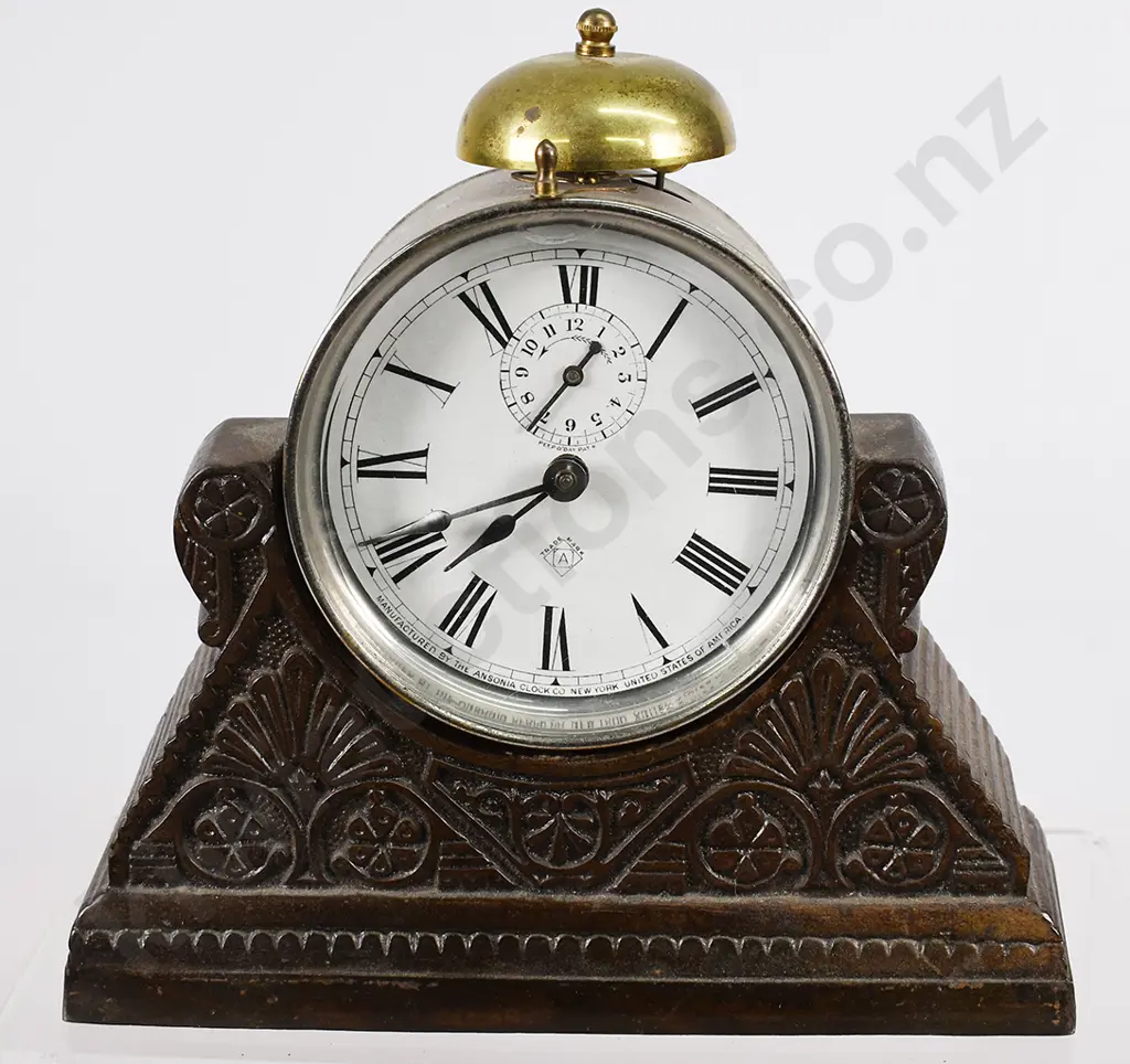 ANSONIA ALARM CLOCK IN CAST METAL STAND Image 1++