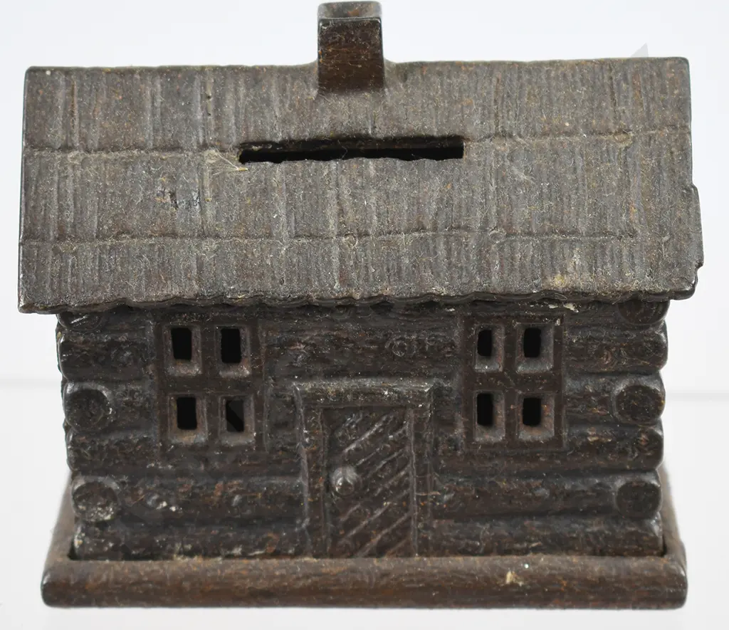 CAST IRON LOG CABIN STILL MONEY BANK Image 1++
