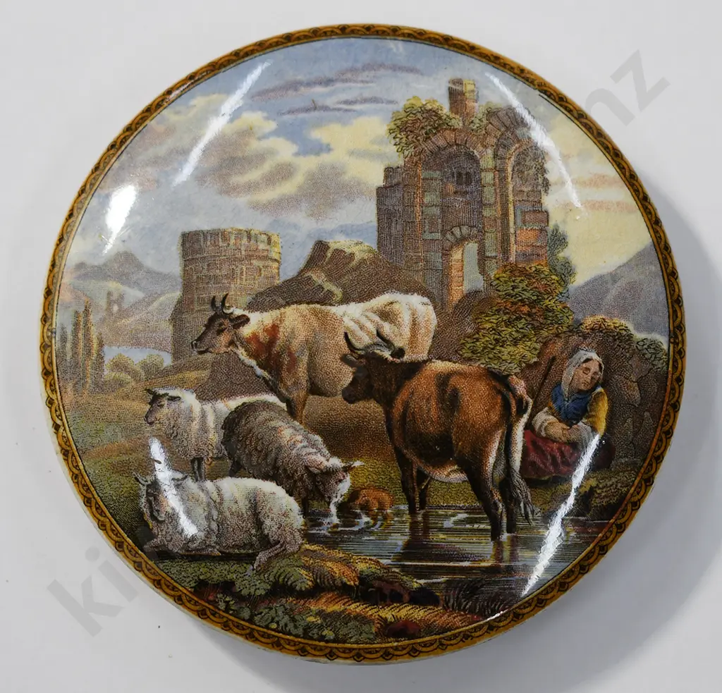 PRATTWARE POT LIDS, SKEWBALD HORSE, CATTLE AND RUINS Image 1++