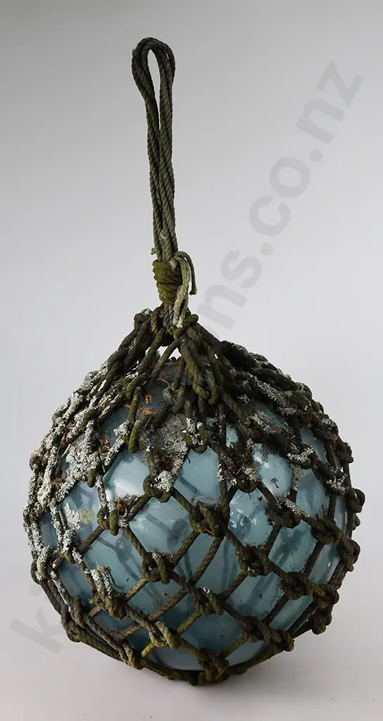 ICE BLUE GLASS FISHING FLOAT WITH ORIGINAL ROPE Image 1++