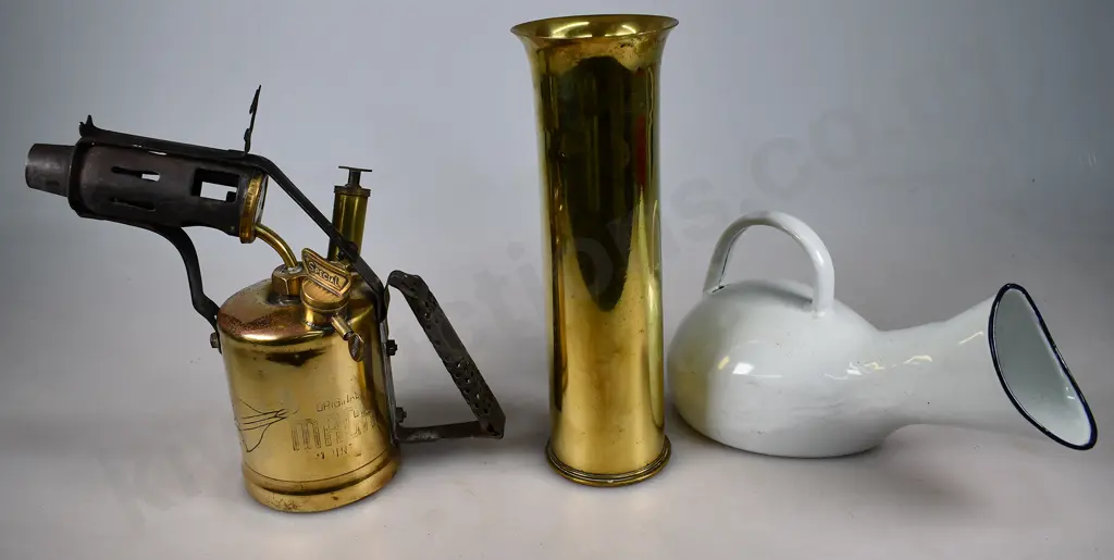 BRASS BLOW TORCH, BRASS VASE & ENAMEL BED PAN Image 1++