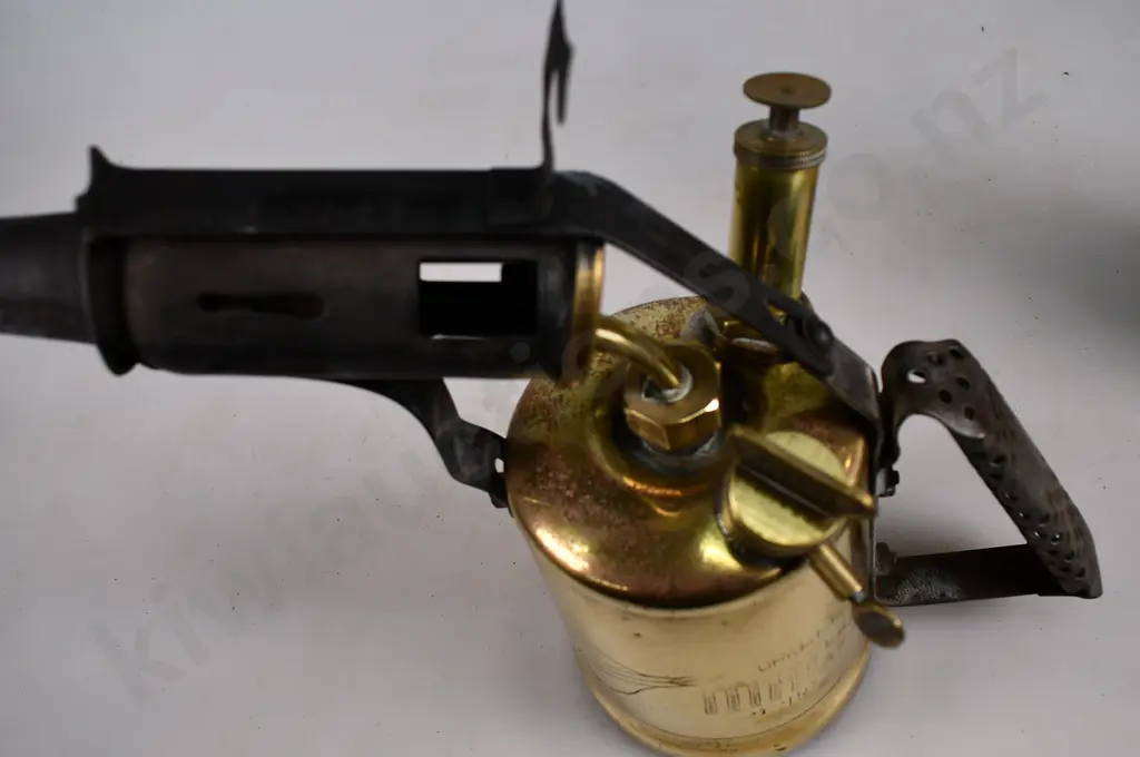 BRASS BLOW TORCH, BRASS VASE & ENAMEL BED PAN Image 1++