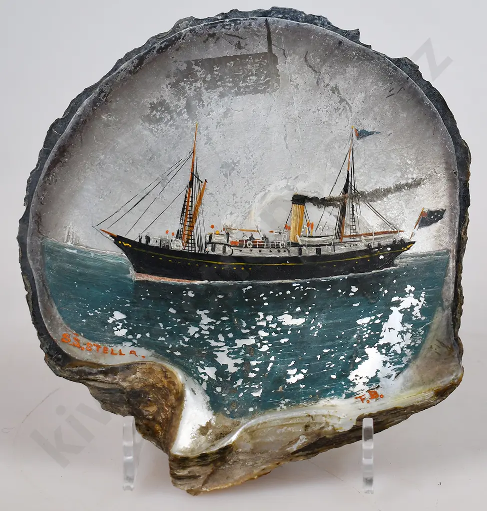 MOTHER OF PEARL SHELL PAINTING S.S. STELL SHIP BY FRANK BARNES Image 1++