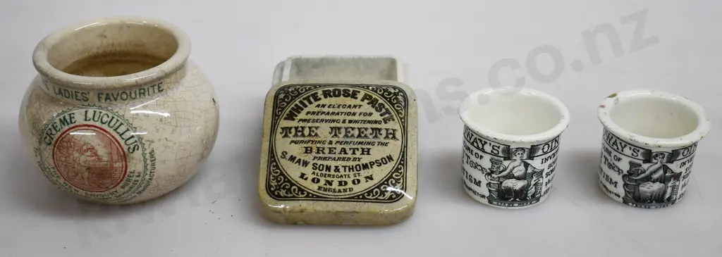 CREME LUCULLUS POT, MAW SON & THOMSON POT LID, HOLLOWAY'S OINTMENT POT, Image 1++