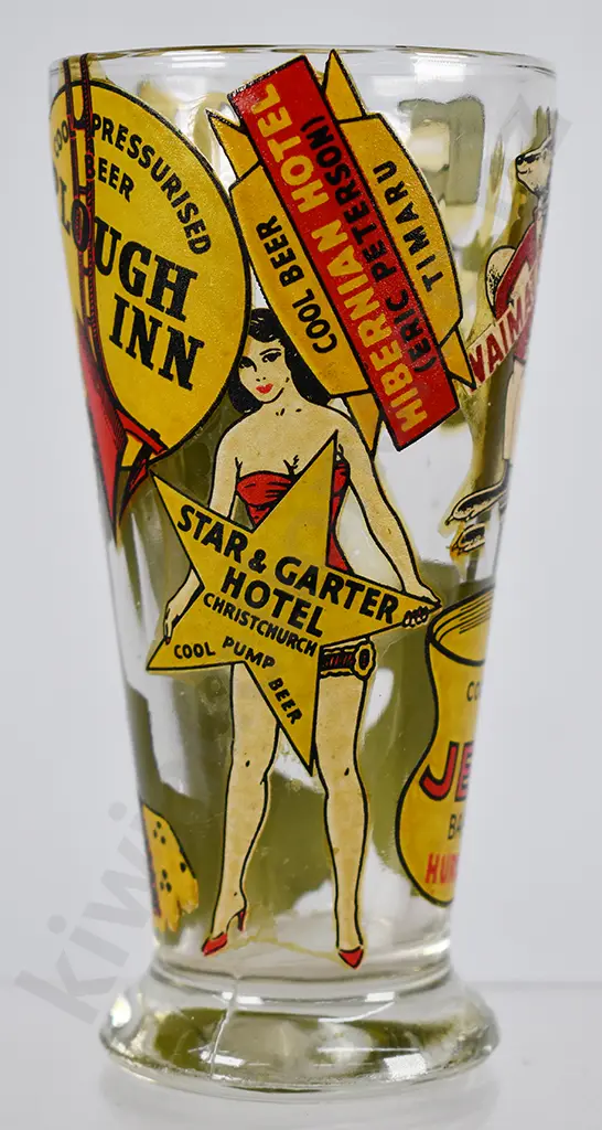 BEER DRINKING GLASS WITH HOTEL DECALS Image 1++