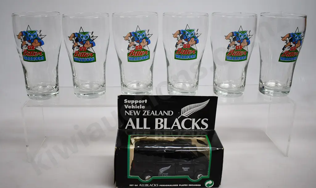 AUCKLAND WARRIORS SET OF 6 BEER GLASSES, ALL BLACKS MICRO MODELS VEHICLE Image 1++