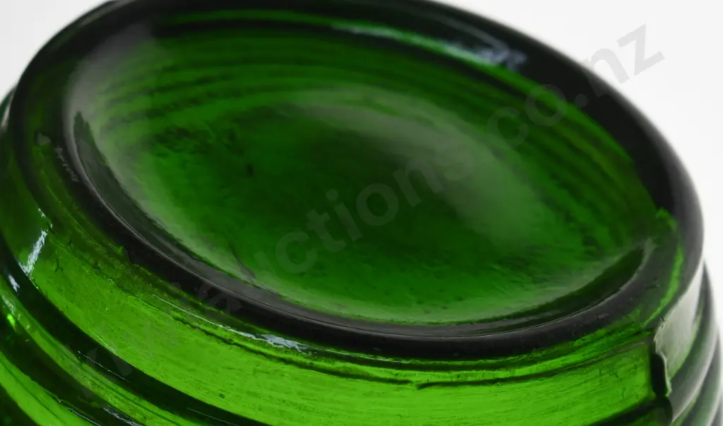GREEN GLASS BARREL SHAPED BOTTLE Image 1++