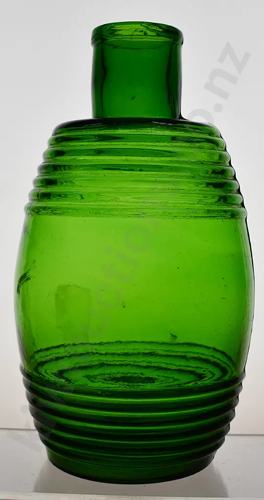 GREEN GLASS BARREL SHAPED BOTTLE Image 1++