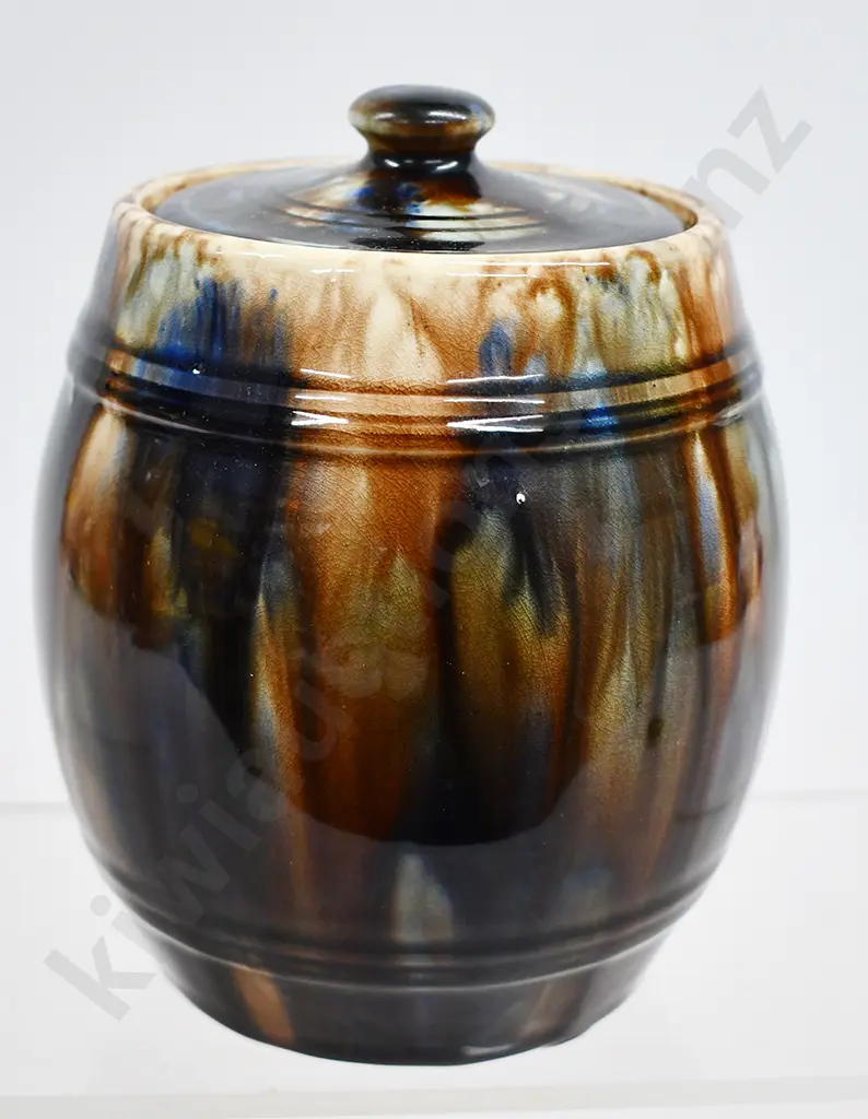 MAJOLICA GLAZED LIDDED BARREL Image 1++