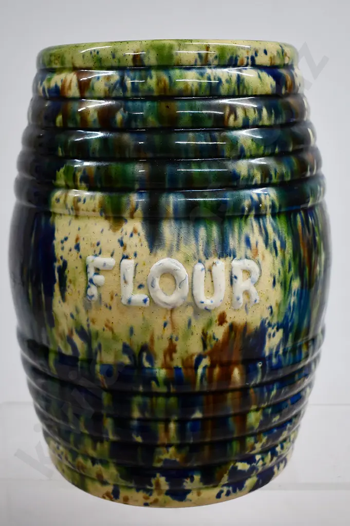 MAJOLICA GLAZED POTTERY FLOUR STORAGE JAR Image 1++