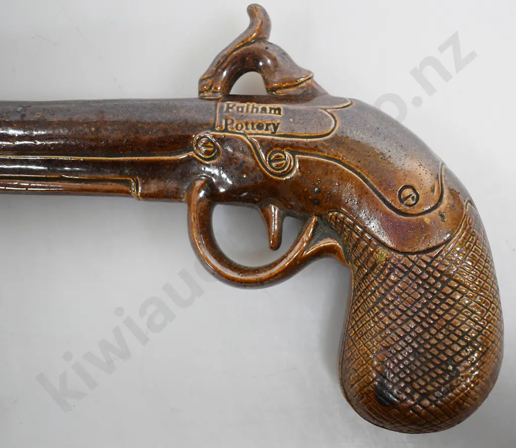 FULHAM POTTERY PISTOL SHAPED STONEWARE FLASK Image 1++