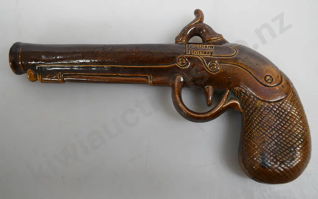FULHAM POTTERY PISTOL SHAPED STONEWARE FLASK Image 1++
