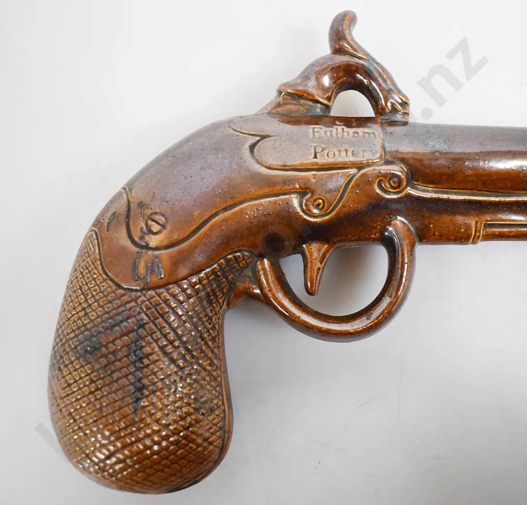 FULHAM POTTERY PISTOL SHAPED STONEWARE FLASK Image 1++