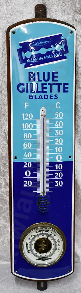 GILLETTE ENAMEL SIGN WITH BAROMETER & THERMOMETER Image 1++