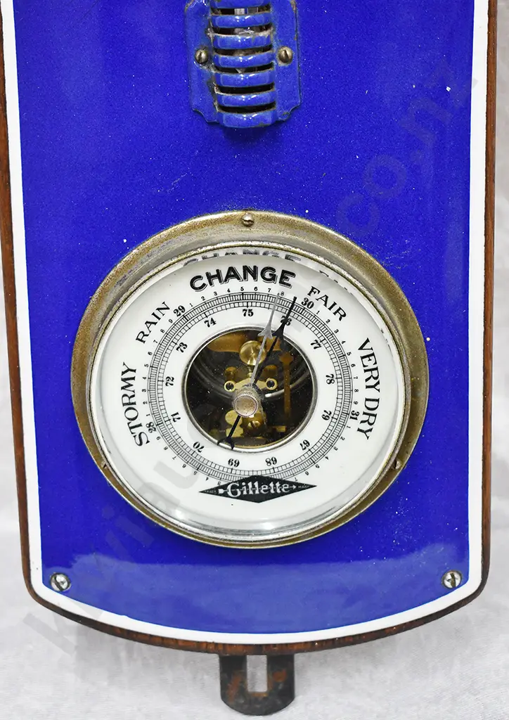 GILLETTE ENAMEL SIGN WITH BAROMETER & THERMOMETER Image 1++