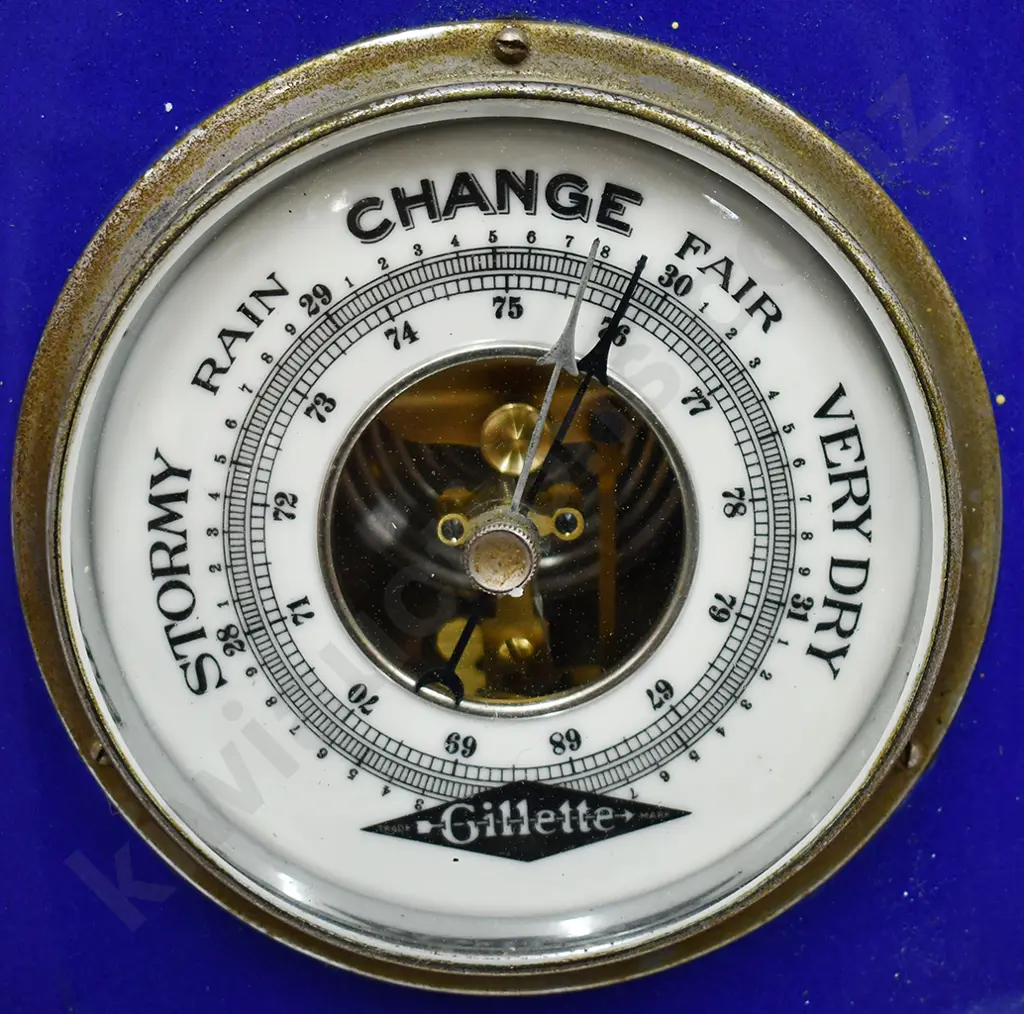 GILLETTE ENAMEL SIGN WITH BAROMETER & THERMOMETER Image 1++