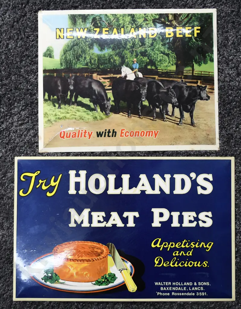NEW ZEALAND BEEF & TRY HOLLANDS MEAT PIES ADVERTISING SIGNS Image 1++