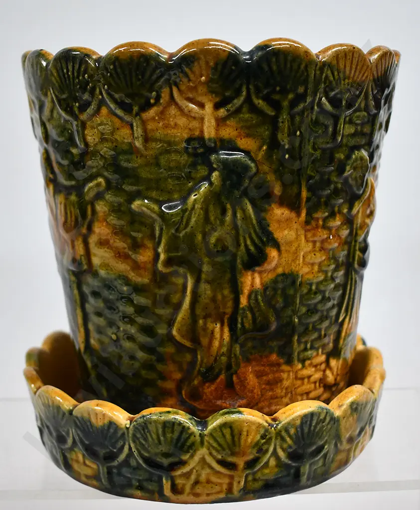 MAJOLICA  POTTERY JARDINERE PLANTER & SAUCER Image 1++