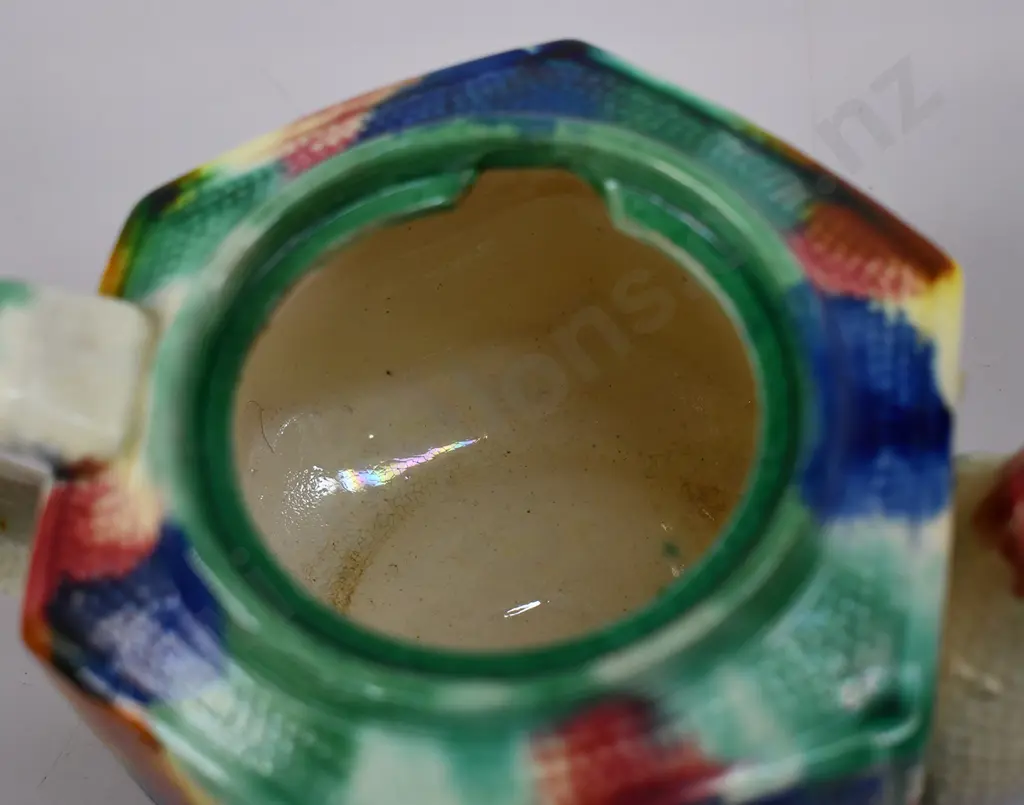 MULTICOLOURED HEXAGONAL SHAPED COLONIAL POTTERY TEAPOT Image 1++