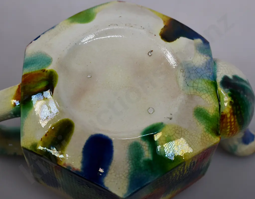 MULTICOLOURED HEXAGONAL SHAPED COLONIAL POTTERY TEAPOT Image 1++