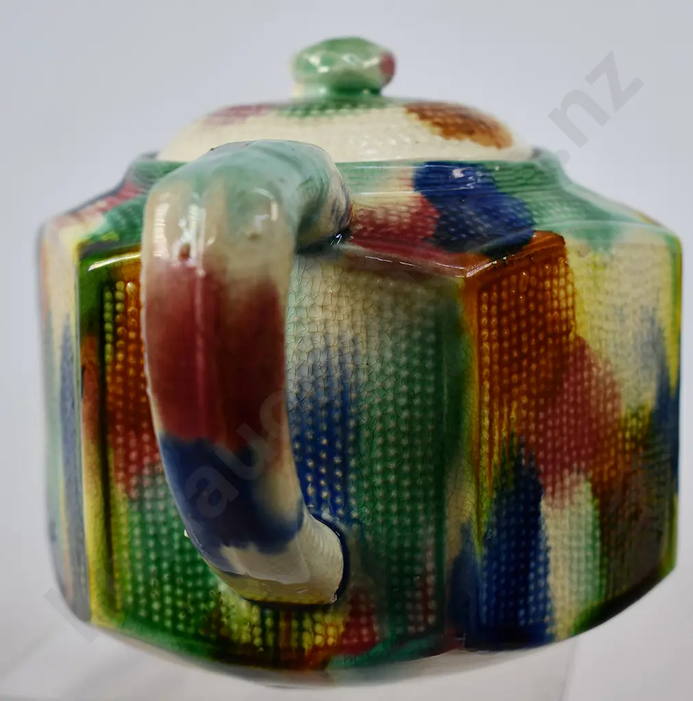 MULTICOLOURED HEXAGONAL SHAPED COLONIAL POTTERY TEAPOT Image 1++