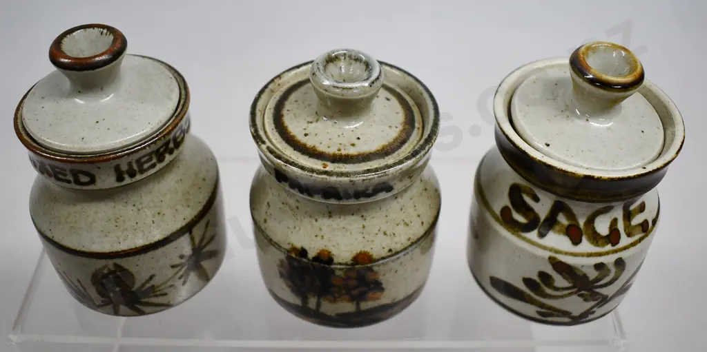 SET OF 6 NEW ZEALAND STUDIO POTTERY SPICE JARS Image 1++